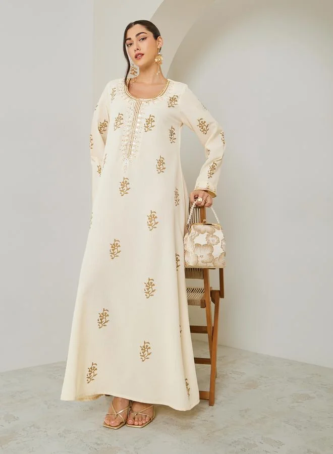Amirah  Women Cream Embroidered A-Line Jalabiya for Women | Best Price UAE
